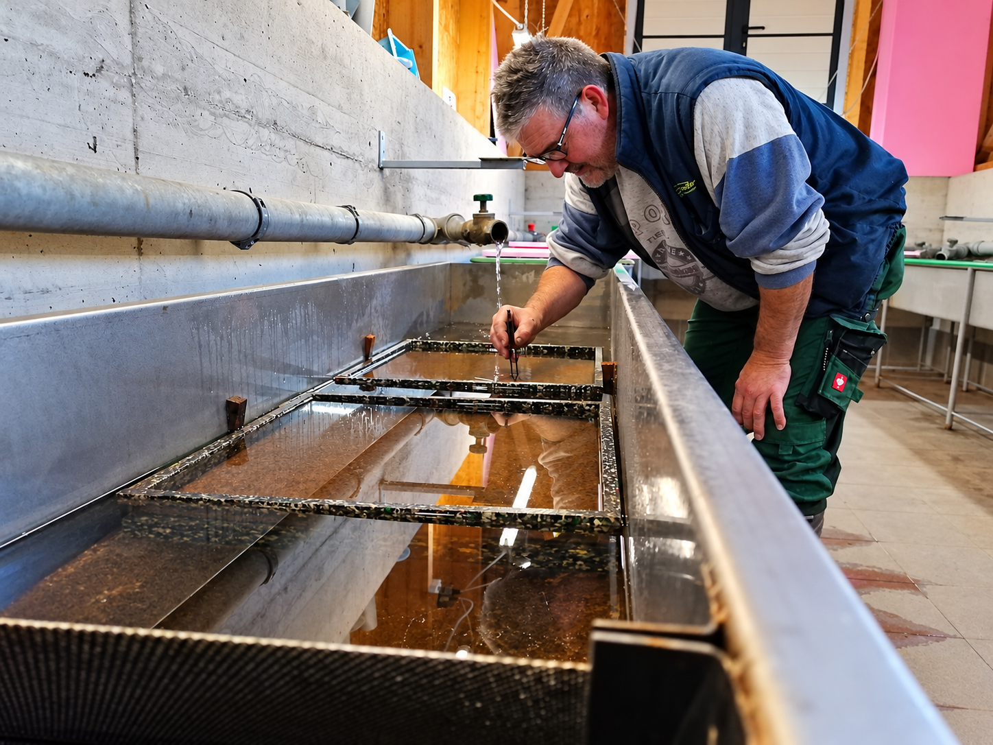 Fischzüchter kontrolliert die Brut in einer Edelstahl-Brutrinne