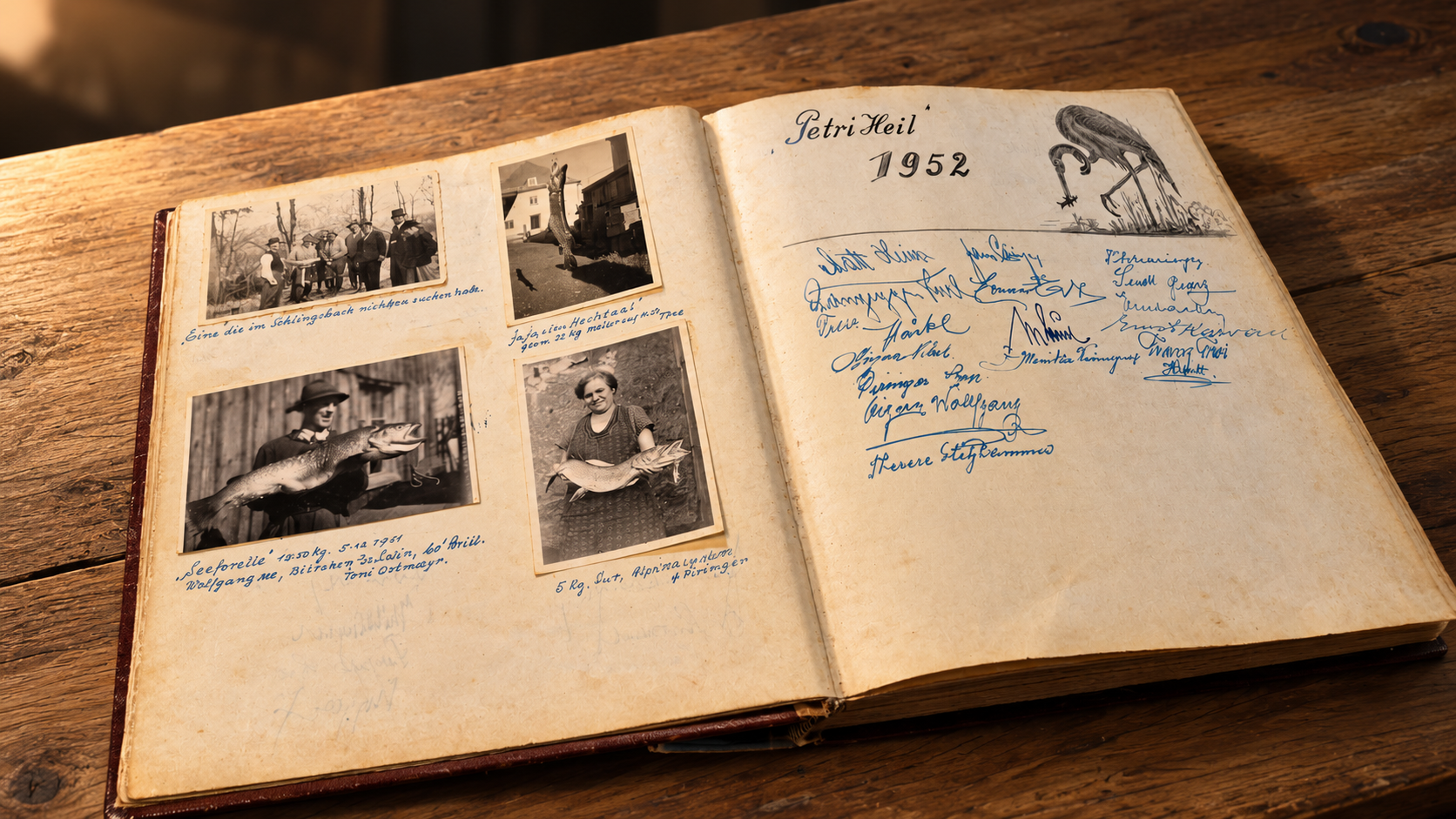 Aufgeschlagenes historisches Angelalbum Petri Heil von 1952