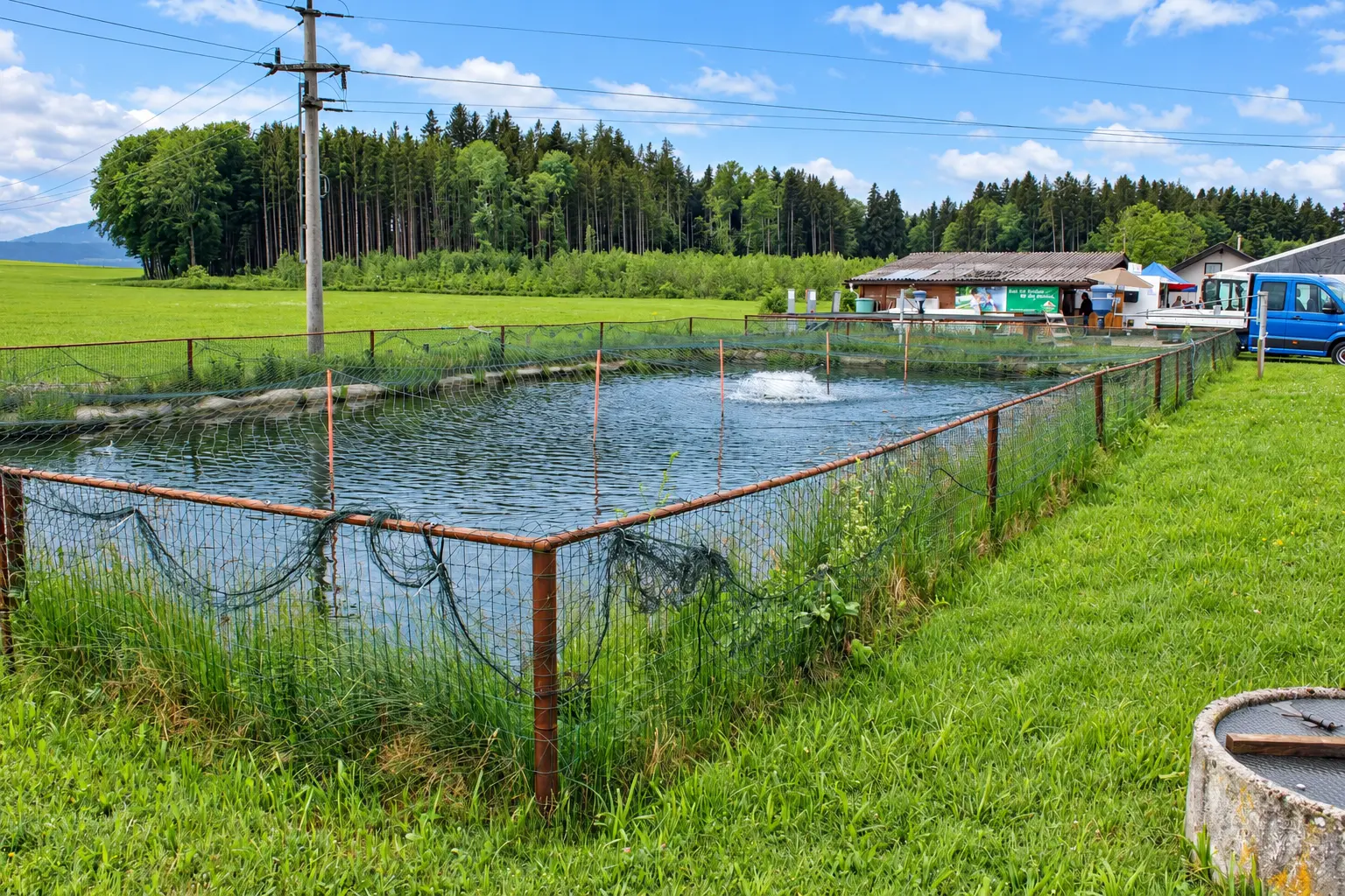 Eingezäunter Teich der Fischzucht Seekirchen mit Belüftung